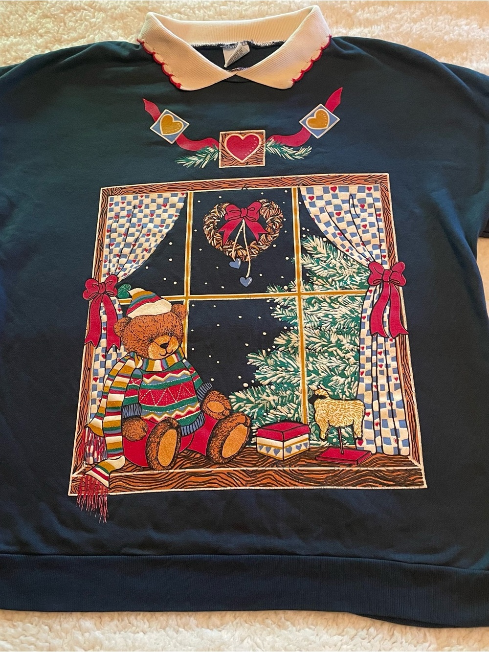 Holiday Teddy Window Sweatshirt - Navy, cottagecore, grandmacore